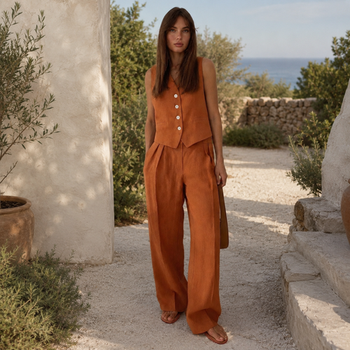 Leonora women's two-piece co-ord set with button cardigan and wide-leg trousers in orange