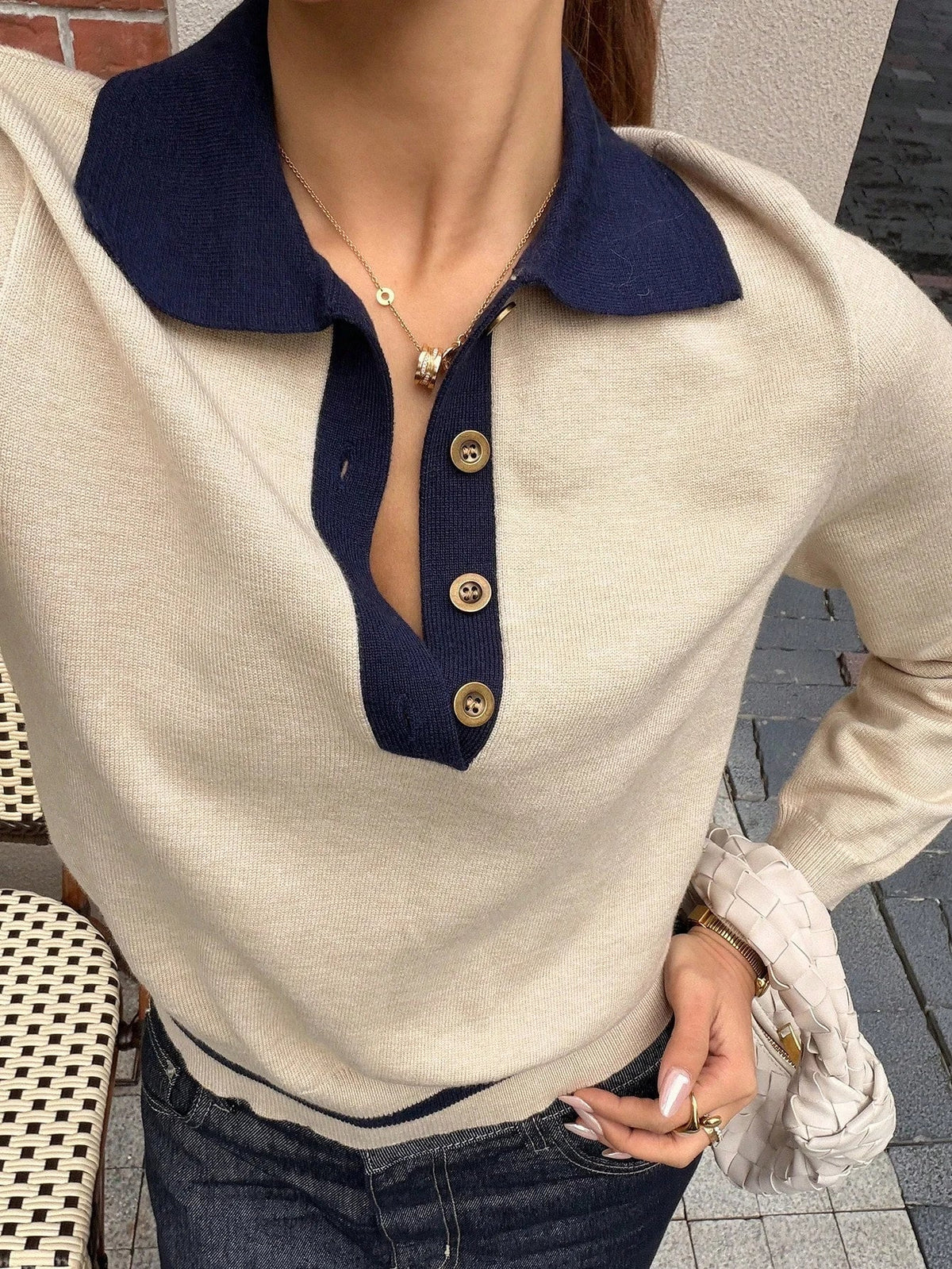 Women's khaki color block knit polo top with navy-blue collar