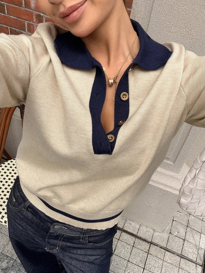Long sleeve ribbed knit polo top with color block panelling