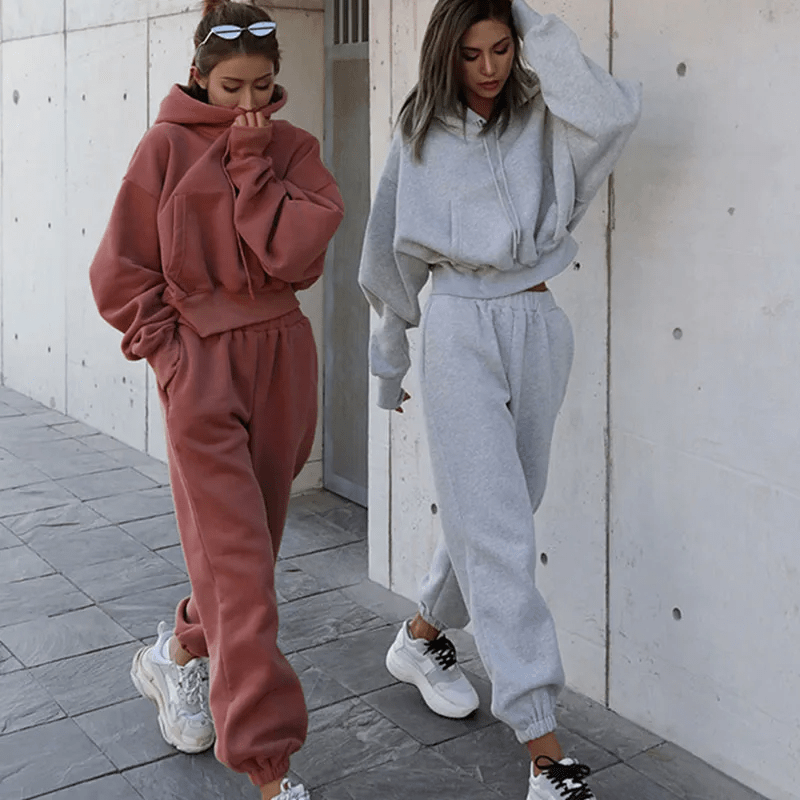 Front view of women's cotton jogger set in light grey