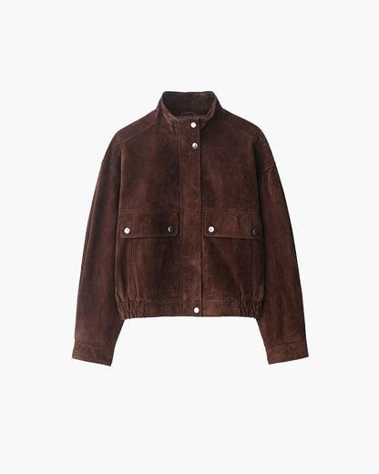 Avery women's faux suede jacket in rich dark brown, front view
