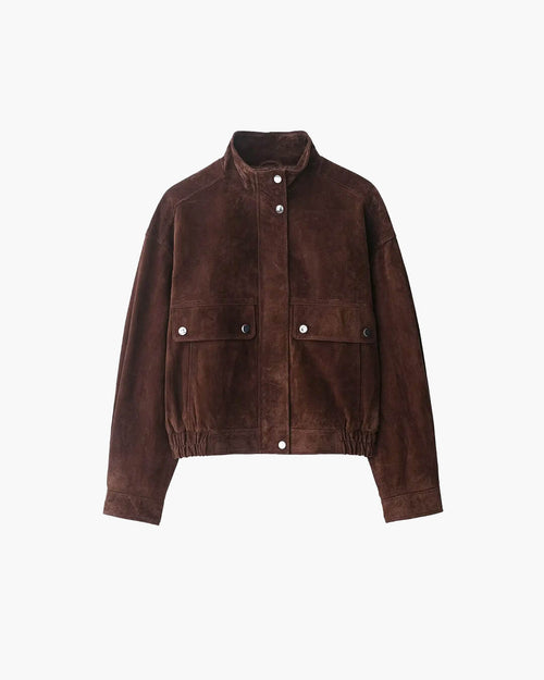 Avery women's faux suede jacket in rich dark brown, front view