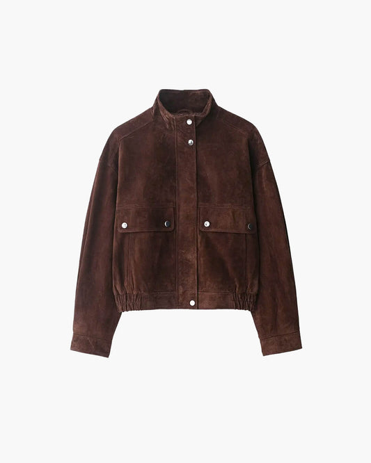 Avery women's faux suede jacket in rich dark brown, front view