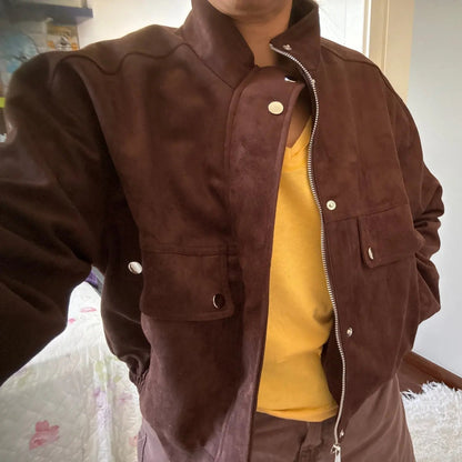 Women's dark brown vegan suede jacket showing high-hip length silhouette