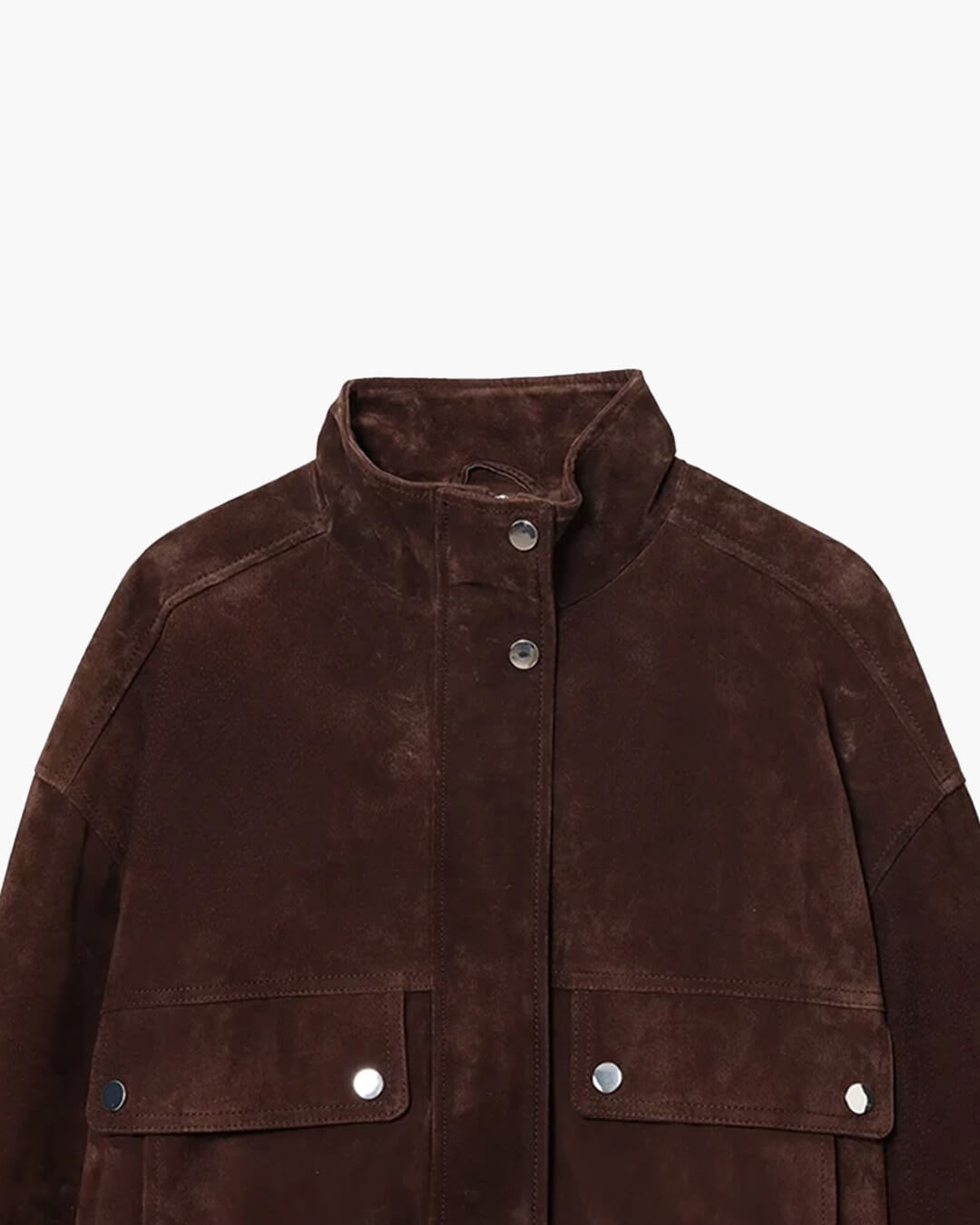 Women's slim-fit faux suede jacket in sizes XS to L, side profile view