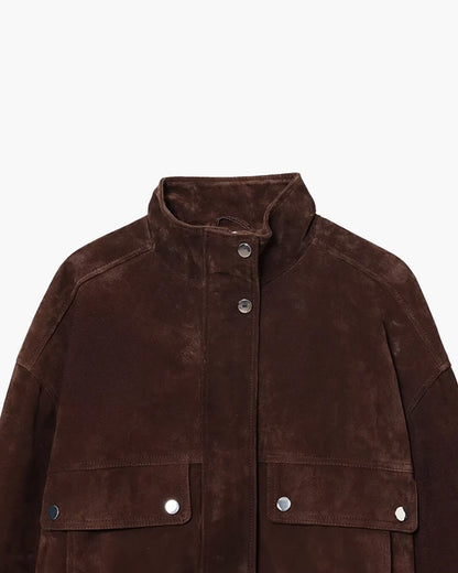 Women's slim-fit faux suede jacket in sizes XS to L, side profile view