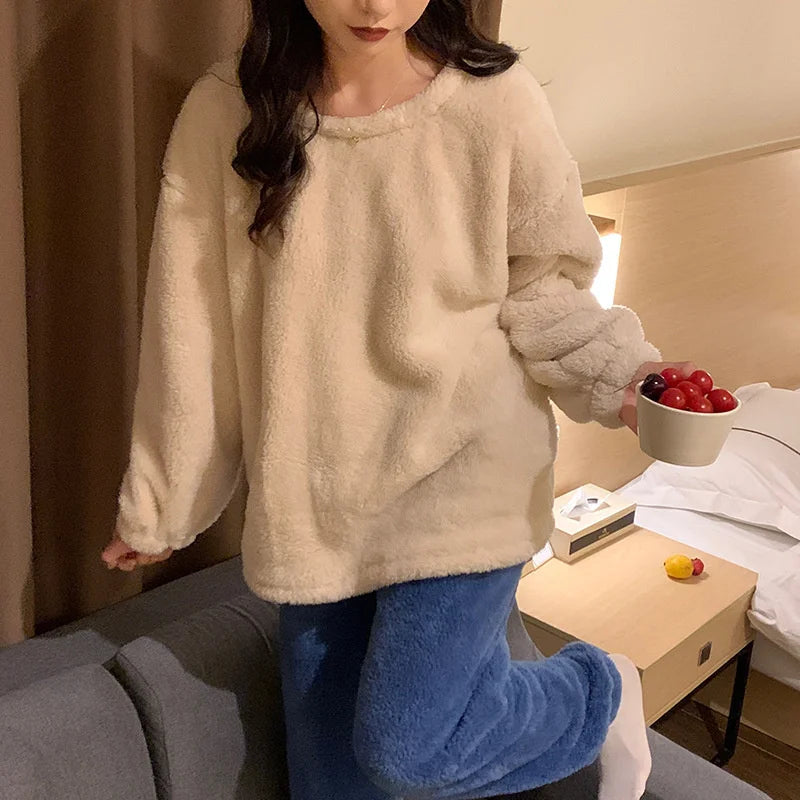 Soft fleece pyjama set women's plain colour option