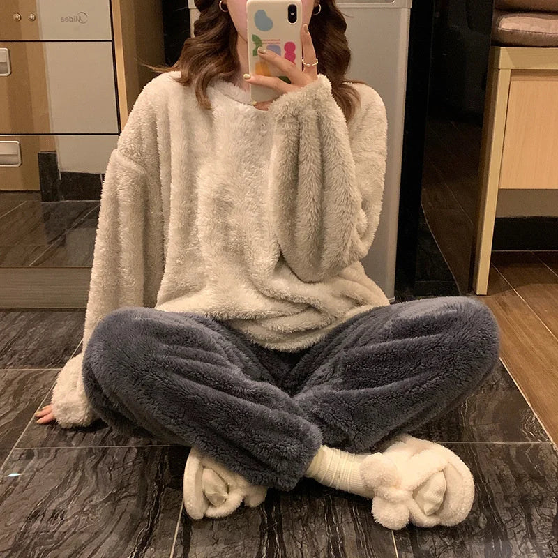 Women's fluffy fleece pyjama set available in multiple colours