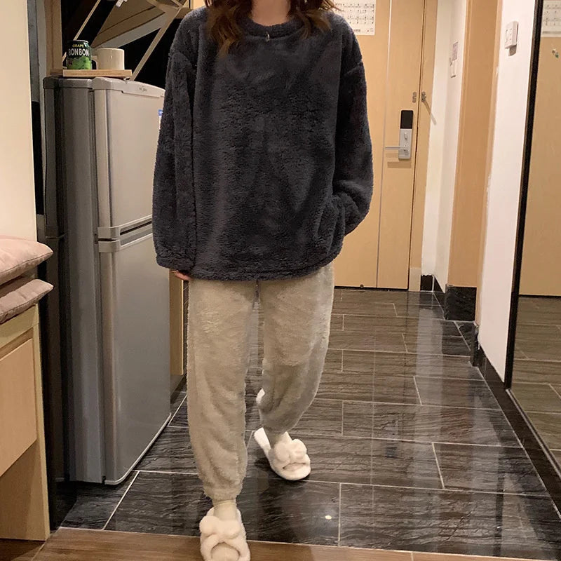 Soft fluffy fleece top and matching long trousers pyjama set