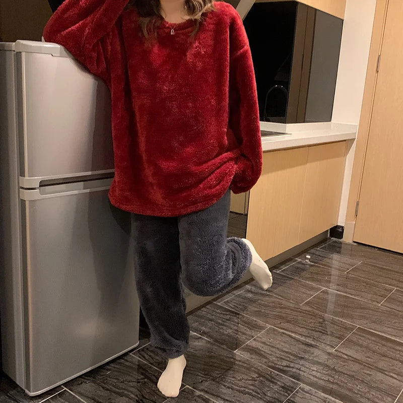 Women's autumn winter loungewear fleece pyjama set