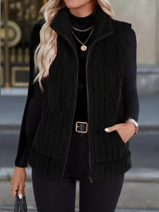 Women's black fleece zip-up vest front view