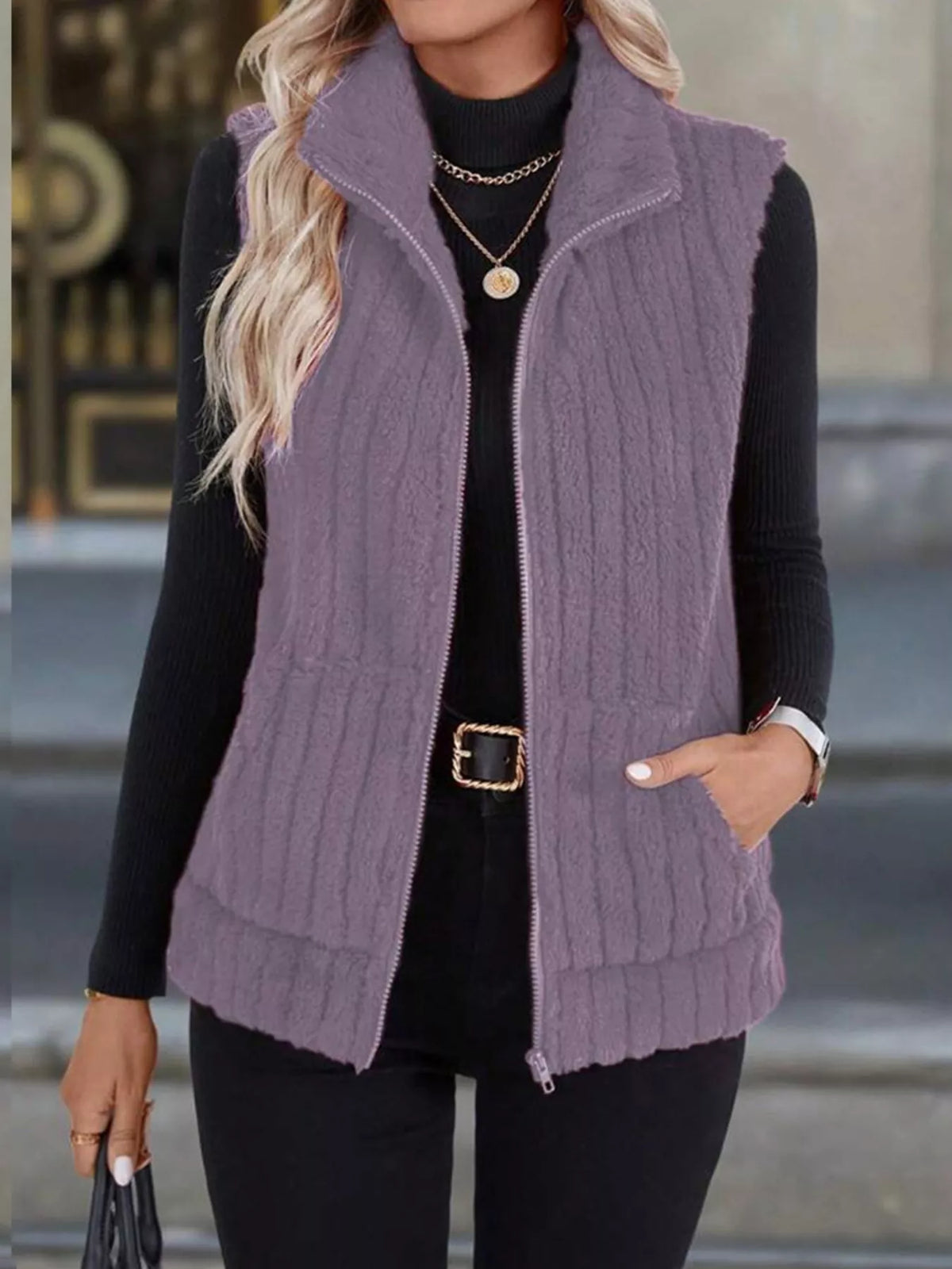 Women's pink fleece vest relaxed fit view