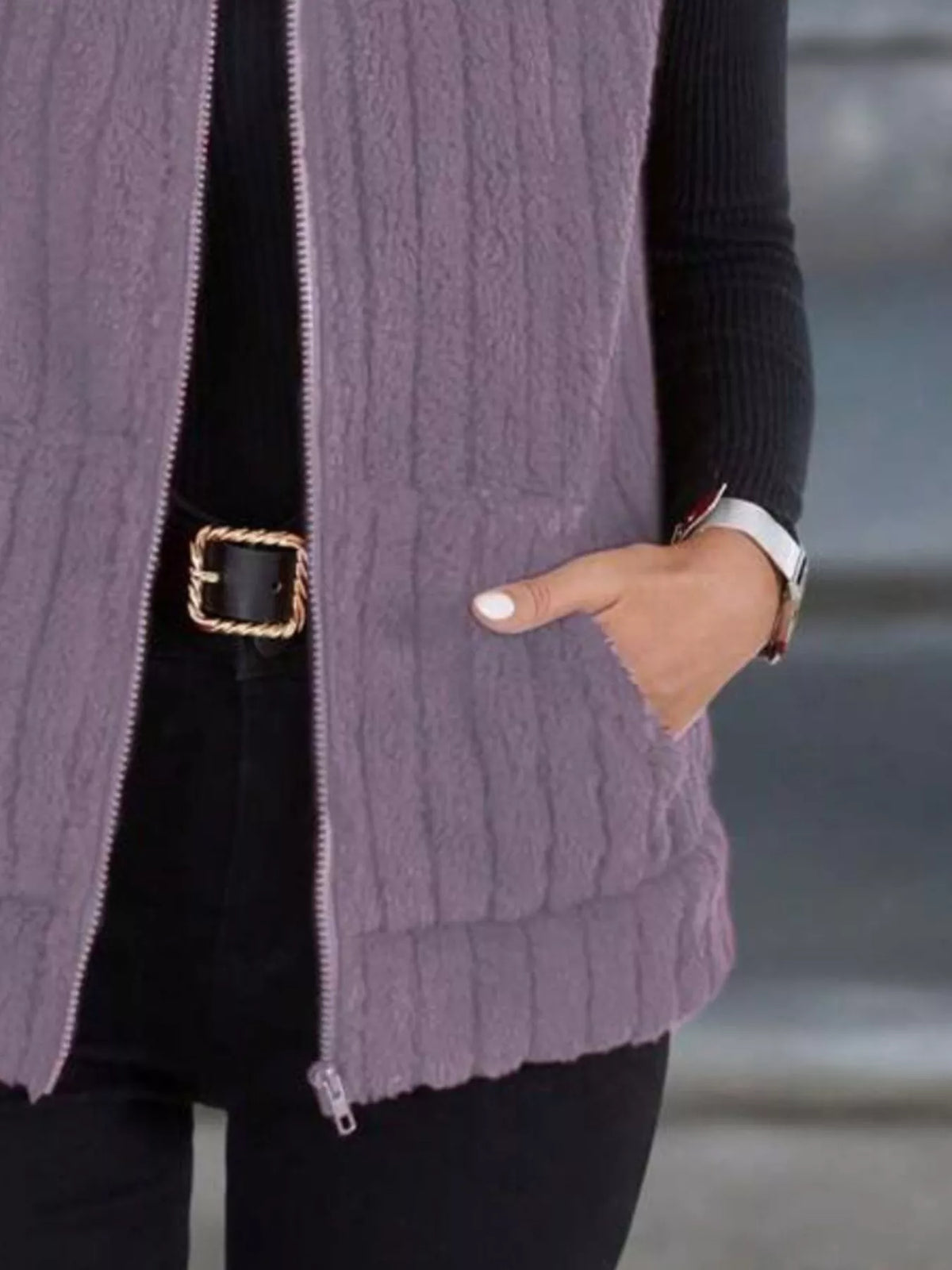 Brown plus size fleece zip-up vest back view