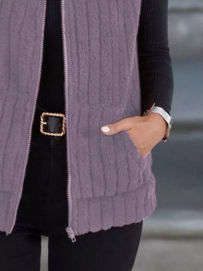 Brown plus size fleece zip-up vest back view