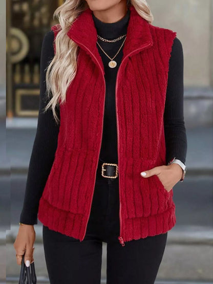 Red women's fleece vest layering outfit styling