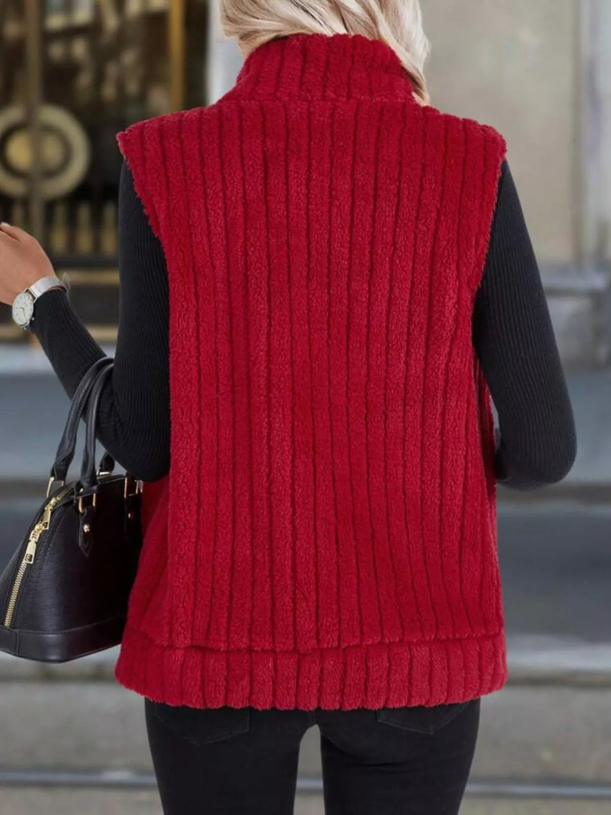 Purple fleece zip-up vest casual wear women