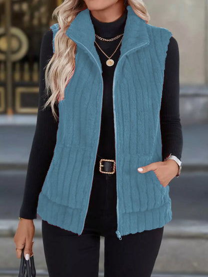 Women's fleece vest zip-up collar detail