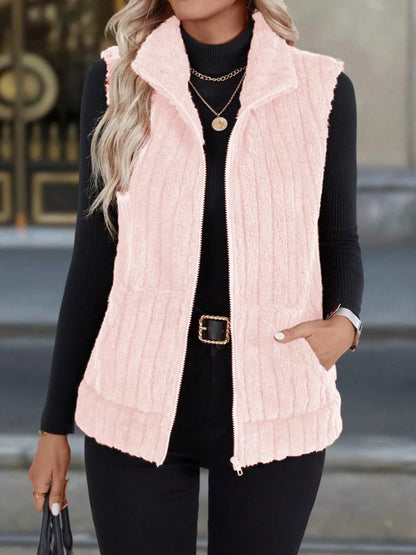 Women's fleece zip-up vest shown in full length