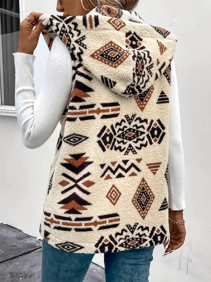 Close-up of Aztec print detail on women's polyester fleece vest