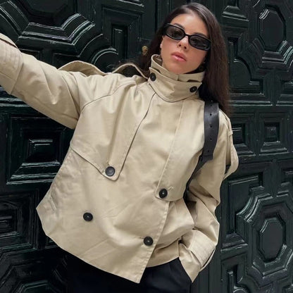 Tavira women's khaki trench coat with adjustable belt, front view