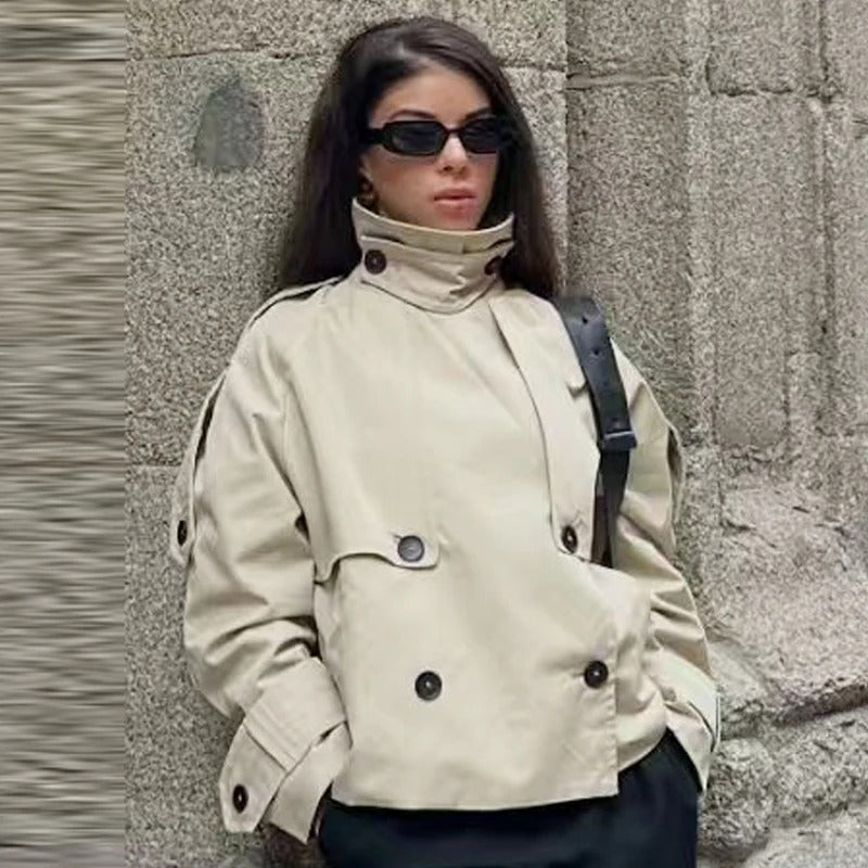 Women's waterproof long trench coat in khaki — side silhouette