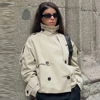 Women's waterproof long trench coat in khaki — side silhouette