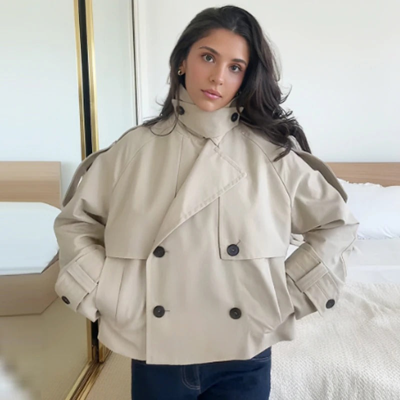 Close-up of adjustable belt detail on Tavira women's trench coat