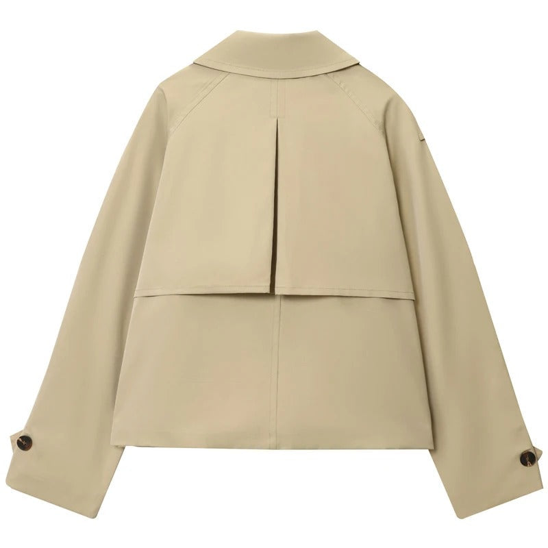 Women's mid-season trench coat in khaki — back view long-line fit