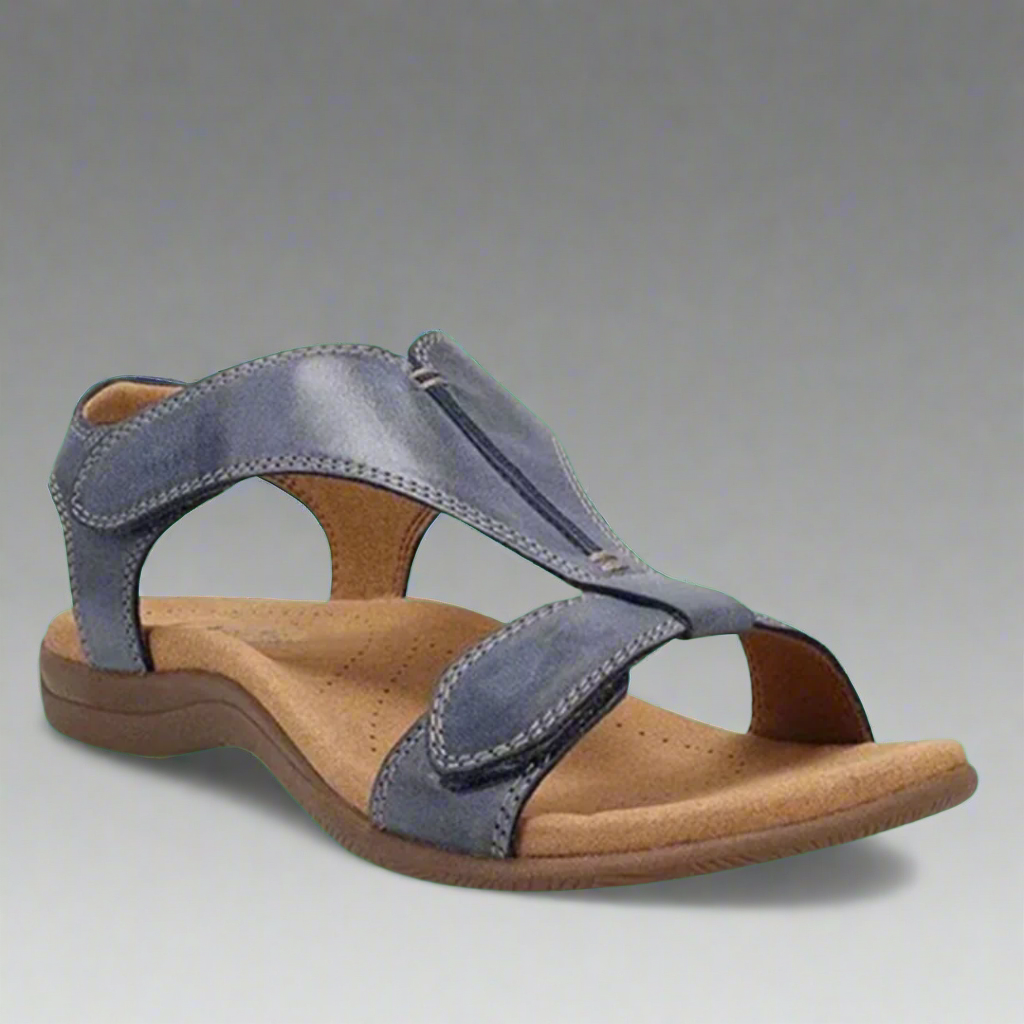 Close-up of orthopedic sandal footbed showing cushioning and support structure