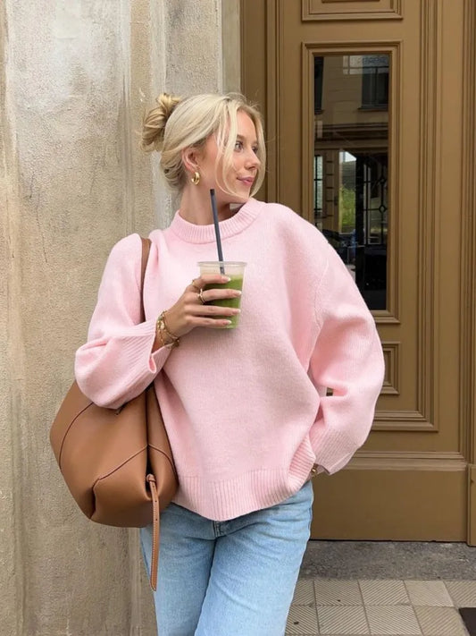 Celine women's long sleeve round neck sweater in pink
