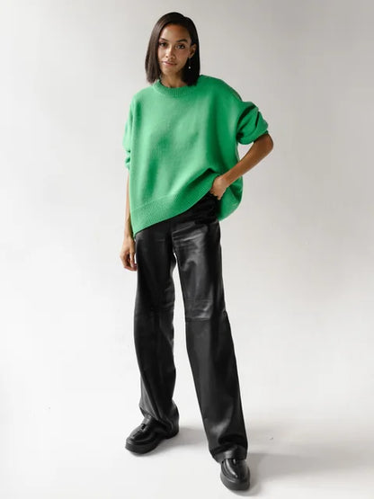 Women's long sleeve sweater in blue with classic round neckline
