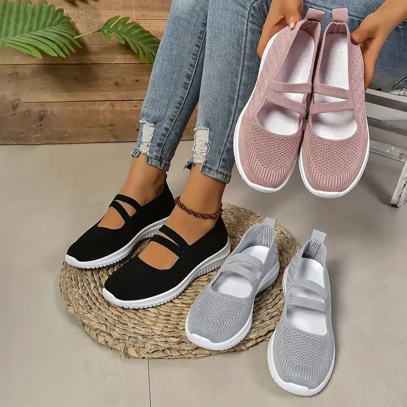 Close-up of breathable mesh upper on women's slip-on walking shoes