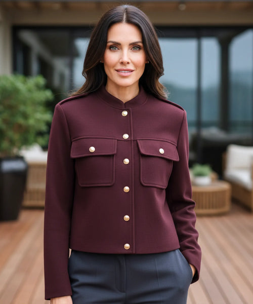 Women's military wool jacket with gold buttons in burgundy - front view