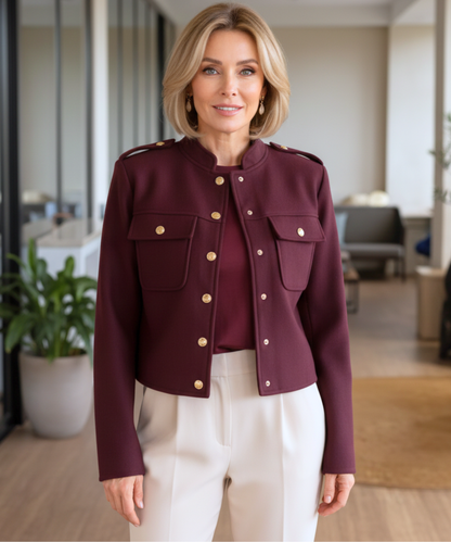 Interior breathable lining detail of women's tailored wool jacket
