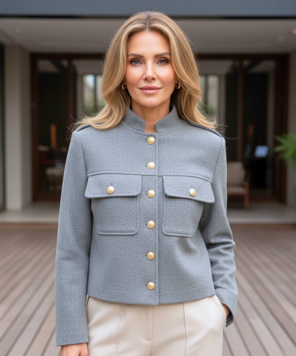 Military-cut women's jacket in black with premium gold buttons