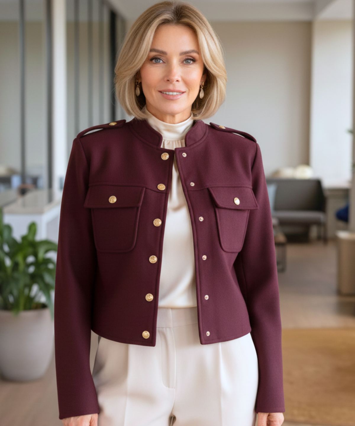Fitted cuffs and sleeve detail on women's tailored wool jacket