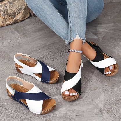 Side view of Vellora orthopedic wedge sandals showing incline heel design