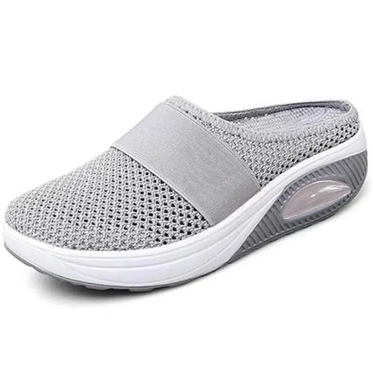 Oralie platform slippers in light grey, full shoe view