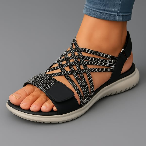 Top-down view of Avena breathable women's sandals with braided elastic support straps