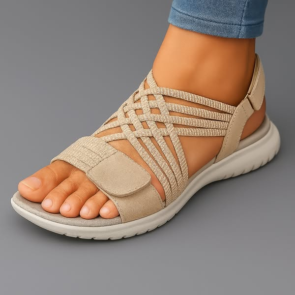 Avena women's orthopedic sandals in blue worn outdoors on a park path