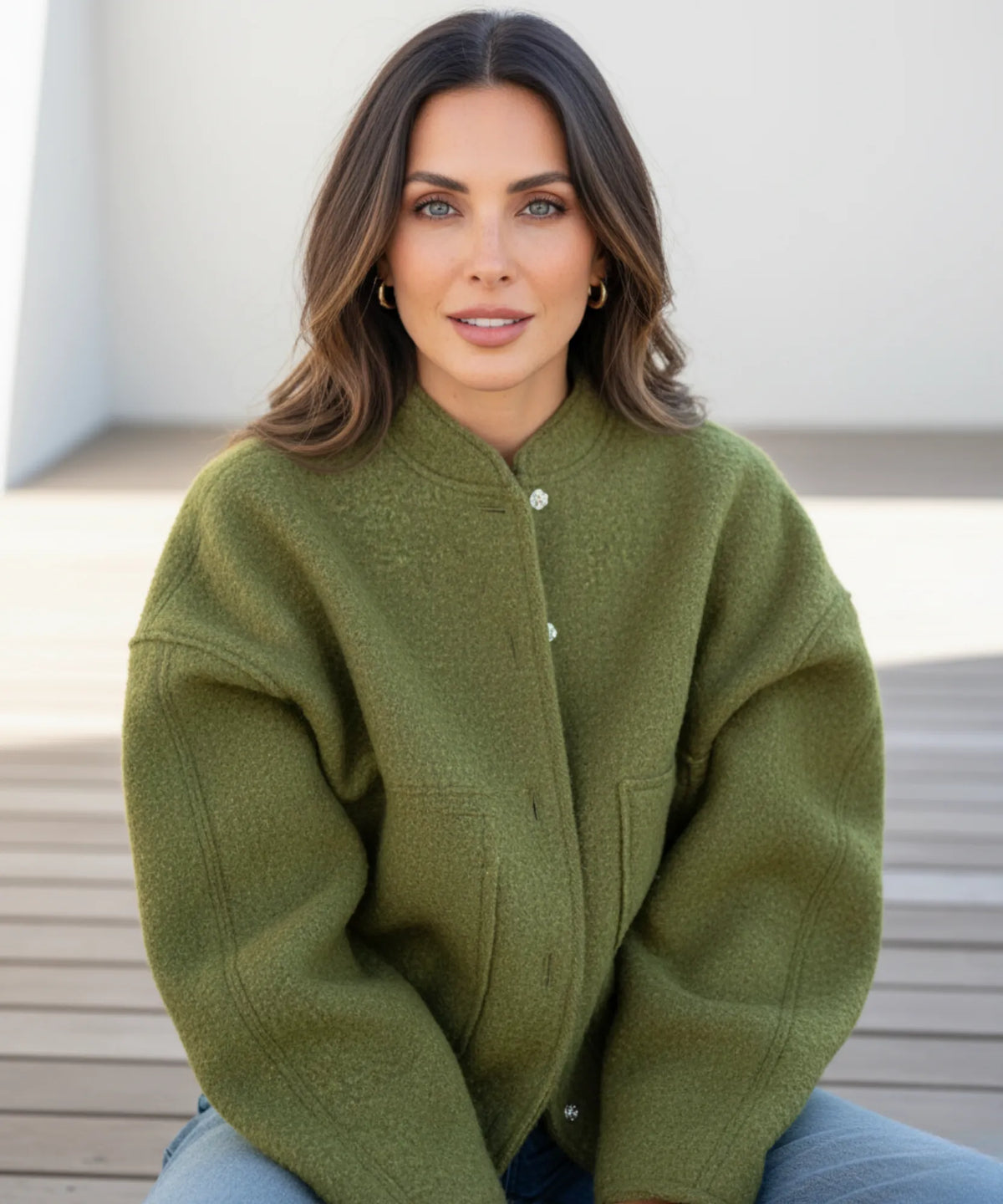 Olive green oversized bouclé bomber jacket, collar and zip detail