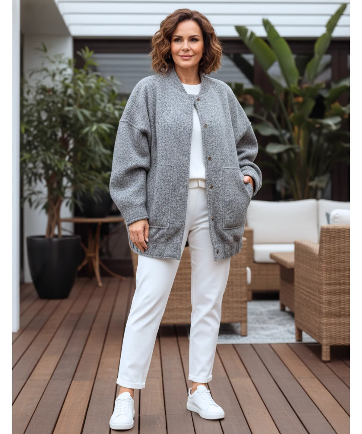 Collection of women's oversized bouclé bomber jackets in multiple colours
