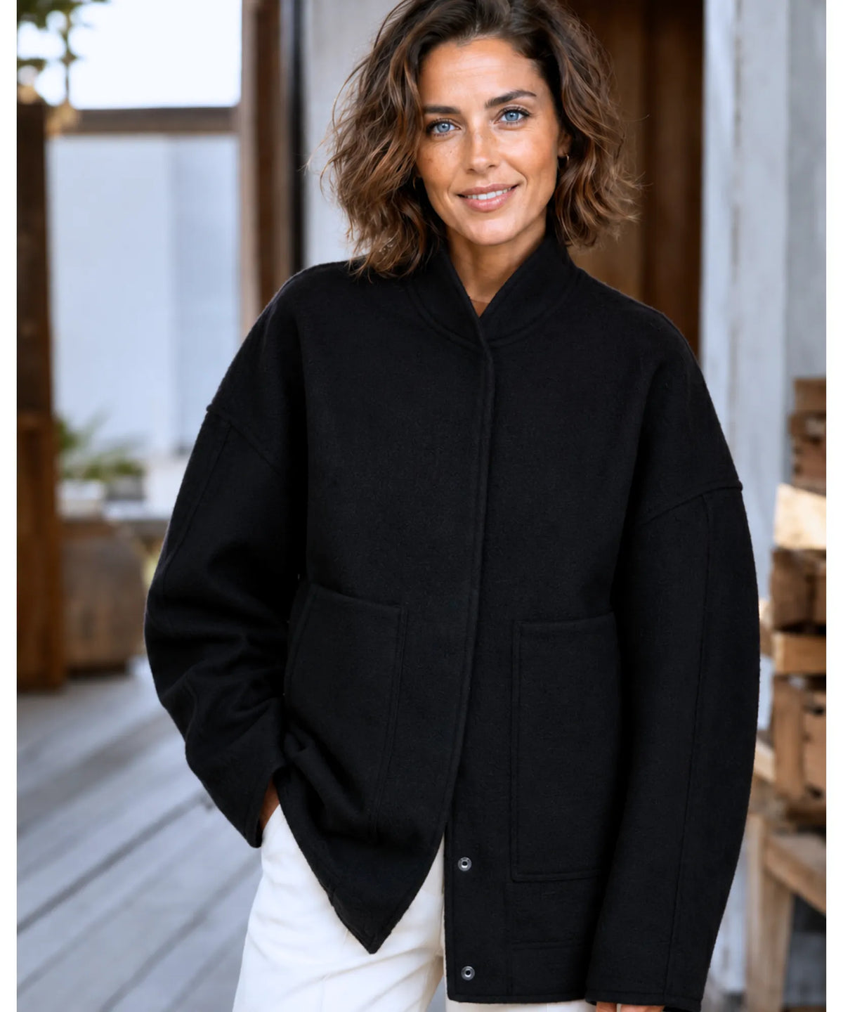 Black bouclé bomber jacket for women, relaxed oversized fit