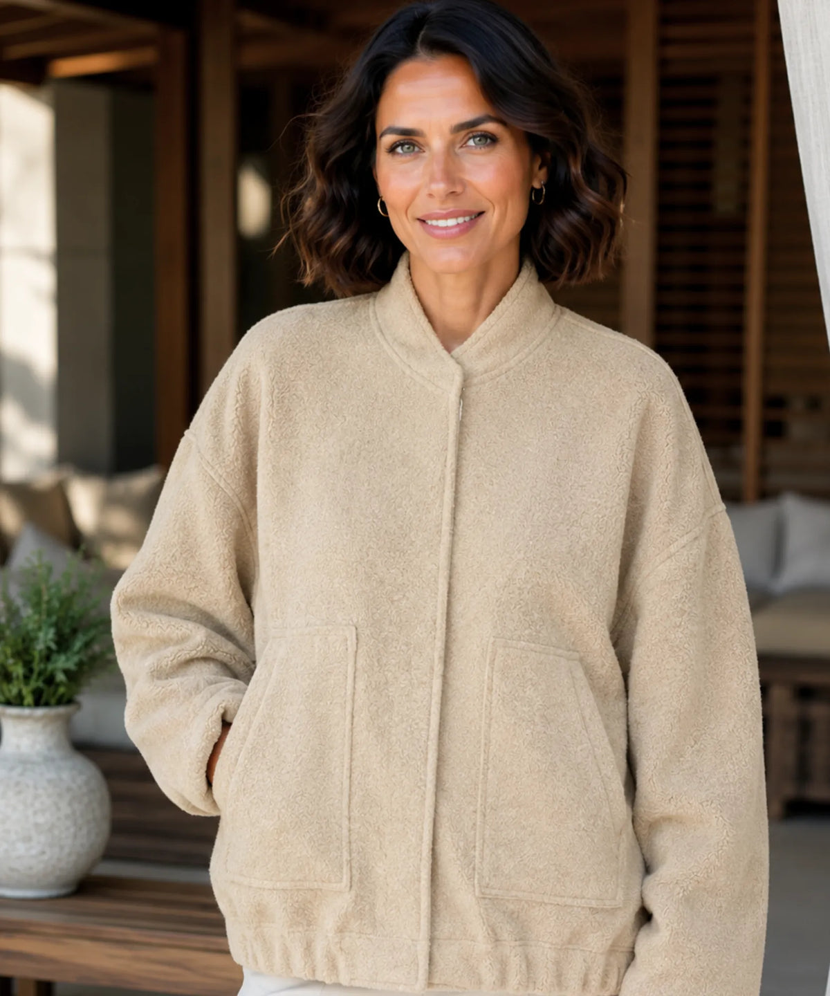 Charcoal women's bouclé bomber jacket with elastic hem and cuffs