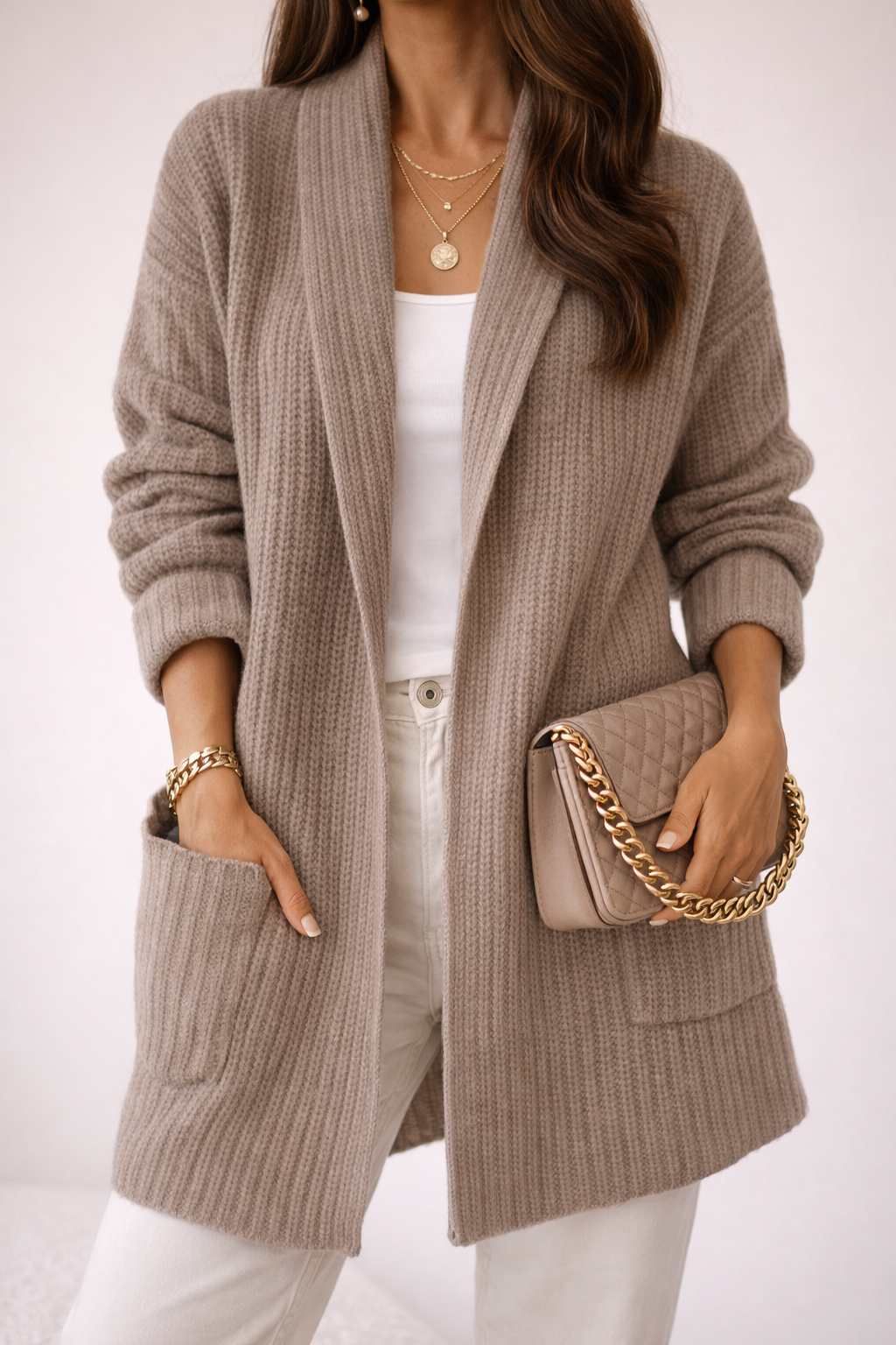 Cozy wool blend cardigan with waffle-knit texture in camel
