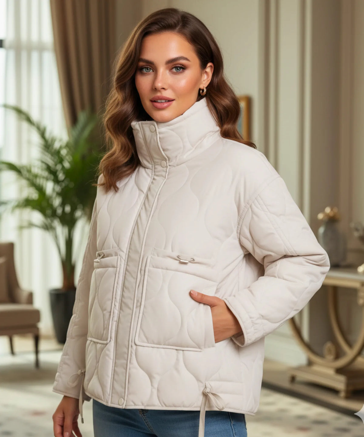 Hazel oversized puffer jacket – front view in olive green