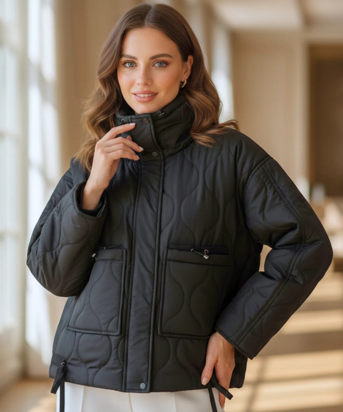Oversized women's winter jacket in mocha with drawstring hem