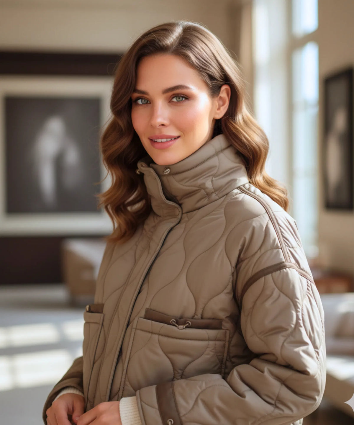 Women's oversized puffer jacket in white with geometric stitch pattern