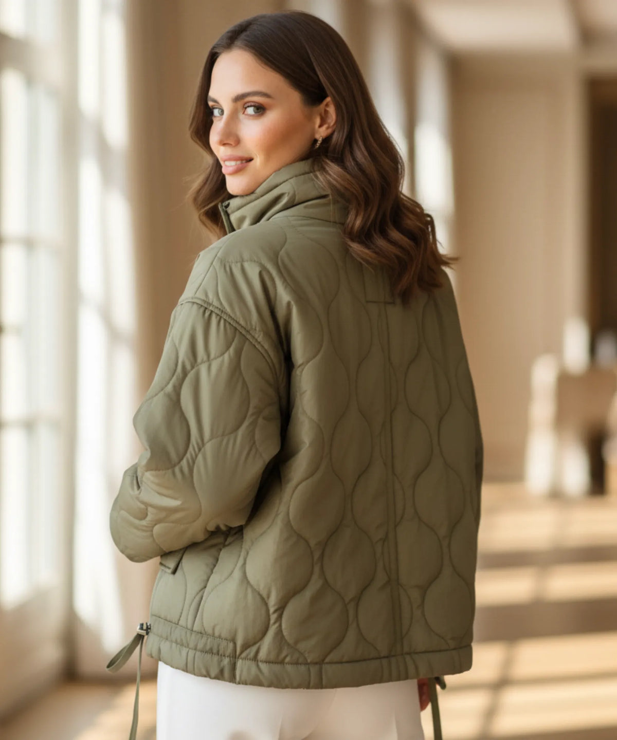 Women's winter puffer jacket with structured high collar – mocha