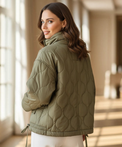 Women's winter puffer jacket with structured high collar – mocha